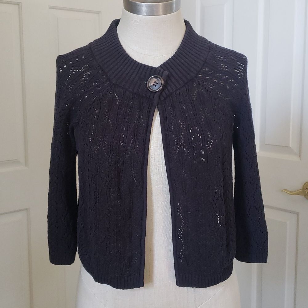 Vintage Gray Crochet Swing Cardigan Cropped Bell Quarter Sleeve Sweater • Small - Picture 2 of 16